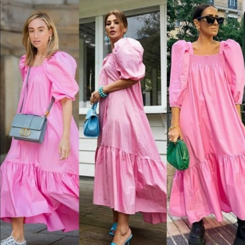 H&M Pink Puff Sleeve Maxi Dress Sz M